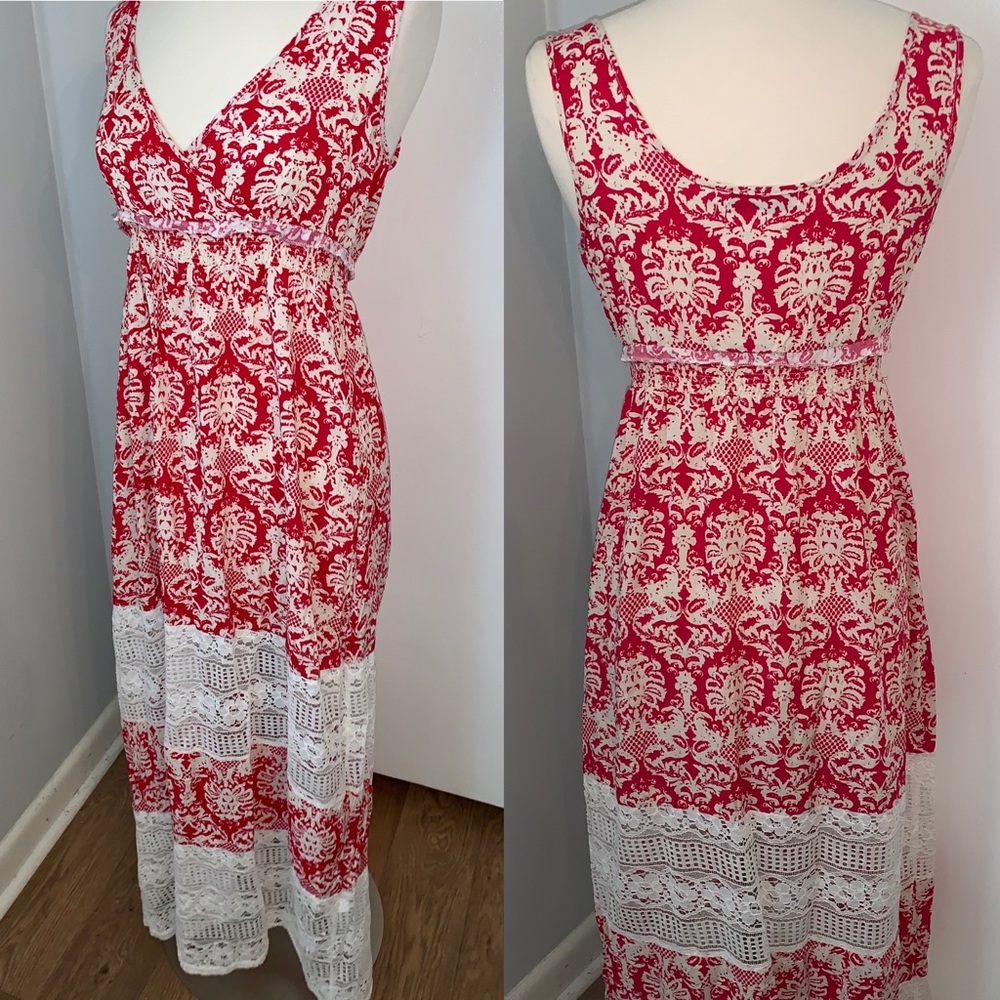 Women’s Ikat Maxi Dress Red & White M Long Sleeveless Summer Print Sz 8 10 - Picture 7 of 11